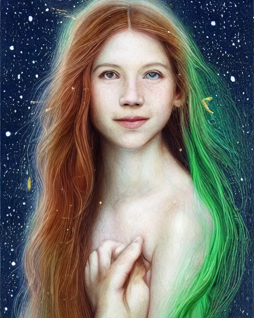 Prompt: infp girl, smiling, amazed by the lights of golden fireflies, amidst nature fully covered, long loose red hair, intricate linework, dreamy green eyes, small nose with freckles, oval shape face, realistic, expressive emotions, dramatic lights, spiritual scene, hyper realistic ultrafine art by battistello caracciolo, albert bierstadt and artgerm