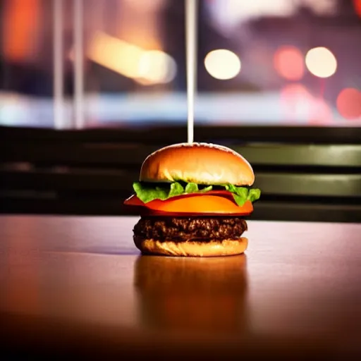 Image similar to a hamburger sitting on a table in a dimly - lit mcdonalds by the window, blue hour