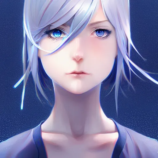 Prompt: high school girl split dimensions walking through reality ’ s, azure blue eyes, silver hair, digital anime art, ilya kuvshinov, artgerm