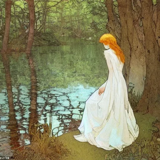 Prompt: a beautiful painting of the back view of a young lady in white dress sitting by the river in a grown forest, looking at her reflection on the water, sunlight reflected on the river, spring, Mucha, Moebius, Mohrbacher