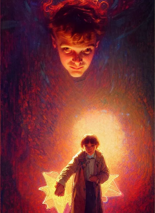 Image similar to illustration by gaston bussiere, mucha, gerome, craig mullins, greg rutkowski, john singer sargent. portrait of eddie muson, stranger things. 8 ß's neon retro. lights, glow, magical. dark background.