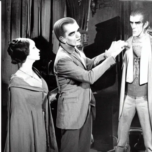 Prompt: wardrobe scene from the vampire on the boulevard starring boris karloff