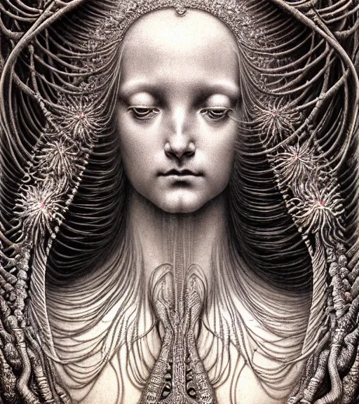 Prompt: detailed realistic beautiful silver goddess face portrait by jean delville, gustave dore, iris van herpen and marco mazzoni, art forms of nature by ernst haeckel, art nouveau, symbolist, visionary, gothic, neo - gothic, pre - raphaelite, fractal lace, intricate alien botanicals, biodiversity, surreality, hyperdetailed ultrasharp octane render