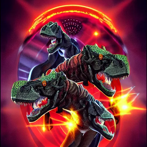 Image similar to three headed cyborg tyrannosaurus rex with lasers.