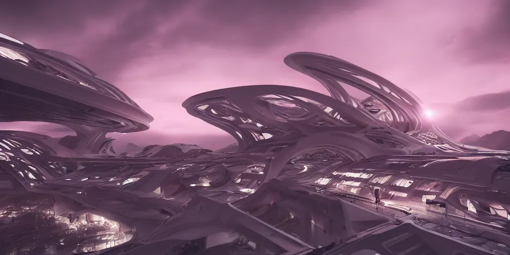 Prompt: futuristic space station in the mountains, cinematic lighting, intricate details, octane rendering, zaha hadid building, cinematic matte, pink sunset, falling snow, monochrome colors, trending on artstation, featured on behance