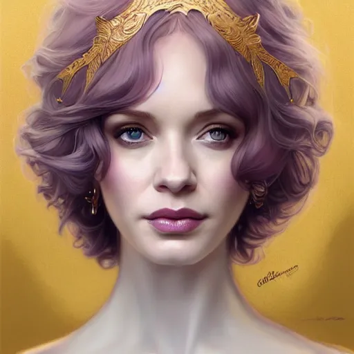 Prompt: christina hendricks wearing a white periwinkle, sci fi, glowing eyes, volumetric lights, gold theme, art nouveau botanicals, intricate, highly detailed, digital painting, artstation, concept art, smooth, sharp focus, cinematic, illustration, beautiful face, art by artgerm and greg rutkowski and alphonse mucha