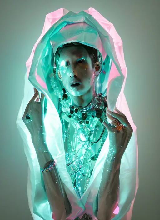 Prompt: photo of fullbodied baroque and bladerunner delicate neon diamond sculpture of seductive onyx albino marble prince adonis bosso dotado mint iridescent humanoid deity wearing pink plastic trashbag hooded cloak holding diamond skull in a white alien dungeon, reclining, glowing magenta face, crown of white diamonds, cinematic lighting, photorealistic, octane render 8 k depth of field 3 d