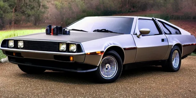 Image similar to a single delorean and 1 9 6 9 dodge charger hybrid, dslr