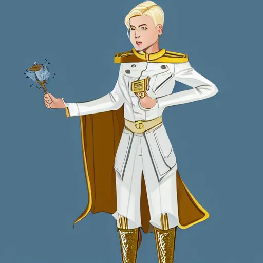 Prompt: character concept art of stoic heroic emotionless handsome blond butch tomboy woman with very short slicked-back hair, in princely white and gold masculine satin uniform with gold cape and boots, romantic, science fiction, atompunk, illustration