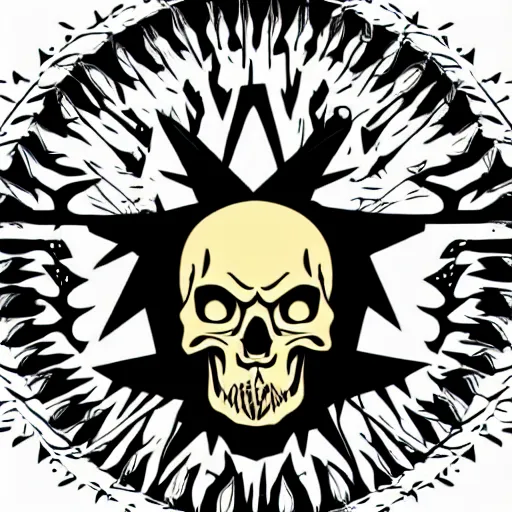 Image similar to dark death metal themed vector illustration for a record label, trees. forest, spikes, skull, microphone, skull, award winning, grunge, iconic, golden ratio