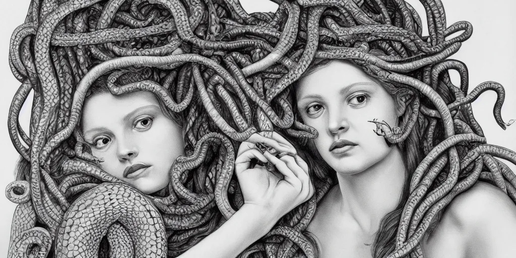 Image similar to realistic portrait of medusa with her snakes, golden, delicate, hyper realism, 1 4 5 0, ink, ultra realistic, 8 k