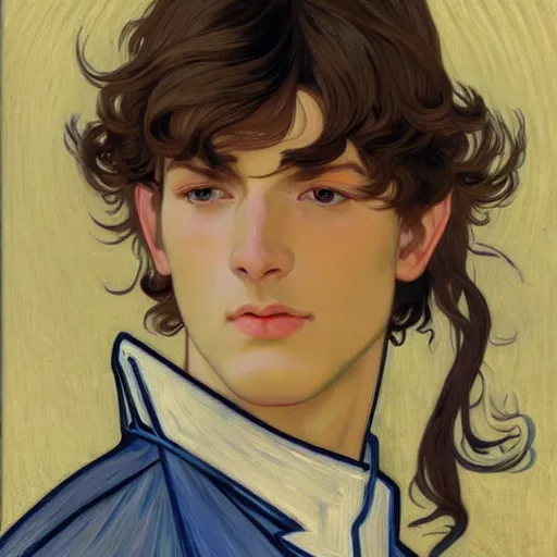 Prompt: portrait painting of young handsome beautiful paladin elf!! man with long! wavy dark hair in his 2 0 s named taehyung adam at the blueberry party, wearing armor!, long hair, elf ears, blue eyes, blueeyes!, elegant, delicate, soft facial features, art, art by alphonse mucha, vincent van gogh, egon schiele,