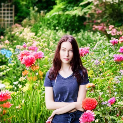 Prompt: a photo of a young woman standing in a garden surrounded by beautiful flowers