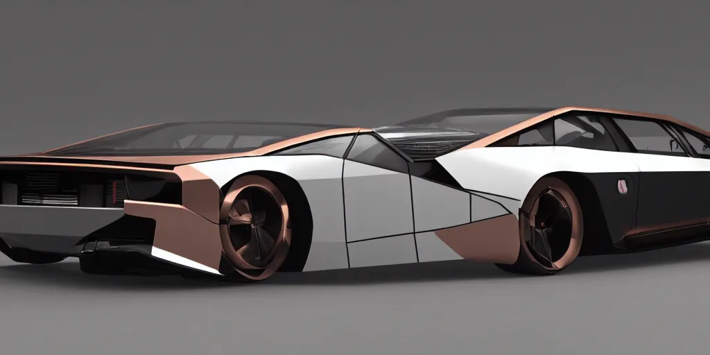 Image similar to a design of a futuristic DMC Delorian, designed by Polestar, blade runner background, back view, rose copper car paint with white line accent detailing, black windows, sportscar, black show room, dramatic lighting, octane rendering, unreal engine rendering, hyper realistic render, depth of field, octane rendering