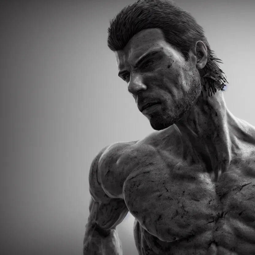 Image similar to a single muscular man wearing torn clothes, looking to the right, profile picture, hyperrealistic, concept art, octane render, unreal engine 5, trending on artstation, high quality, highly detailed, 8 k, dramatic lighting, cinematic, high coherence, anatomically correct, five fingers, digital art, seductive, black and white