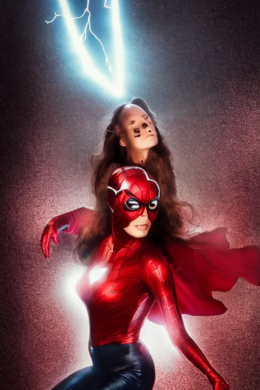 Prompt: marvel superhero, beautiful woman, floating in the air, red tight costume and red long hair, black cloak, electricity, hyper real photo, detailed portrait, dark background texture, 8 k, concept art, illustration by john byrne and terry austin. cinematic dramatic atmosphere, sharp focus, volumetric lighting, cinematic lighting, studio quality
