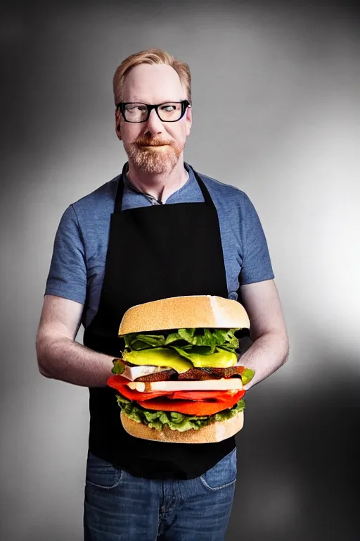 Image similar to 📷 portrait of adam savage the sandwich, made of food, still image, dynamic lighting, 4 k