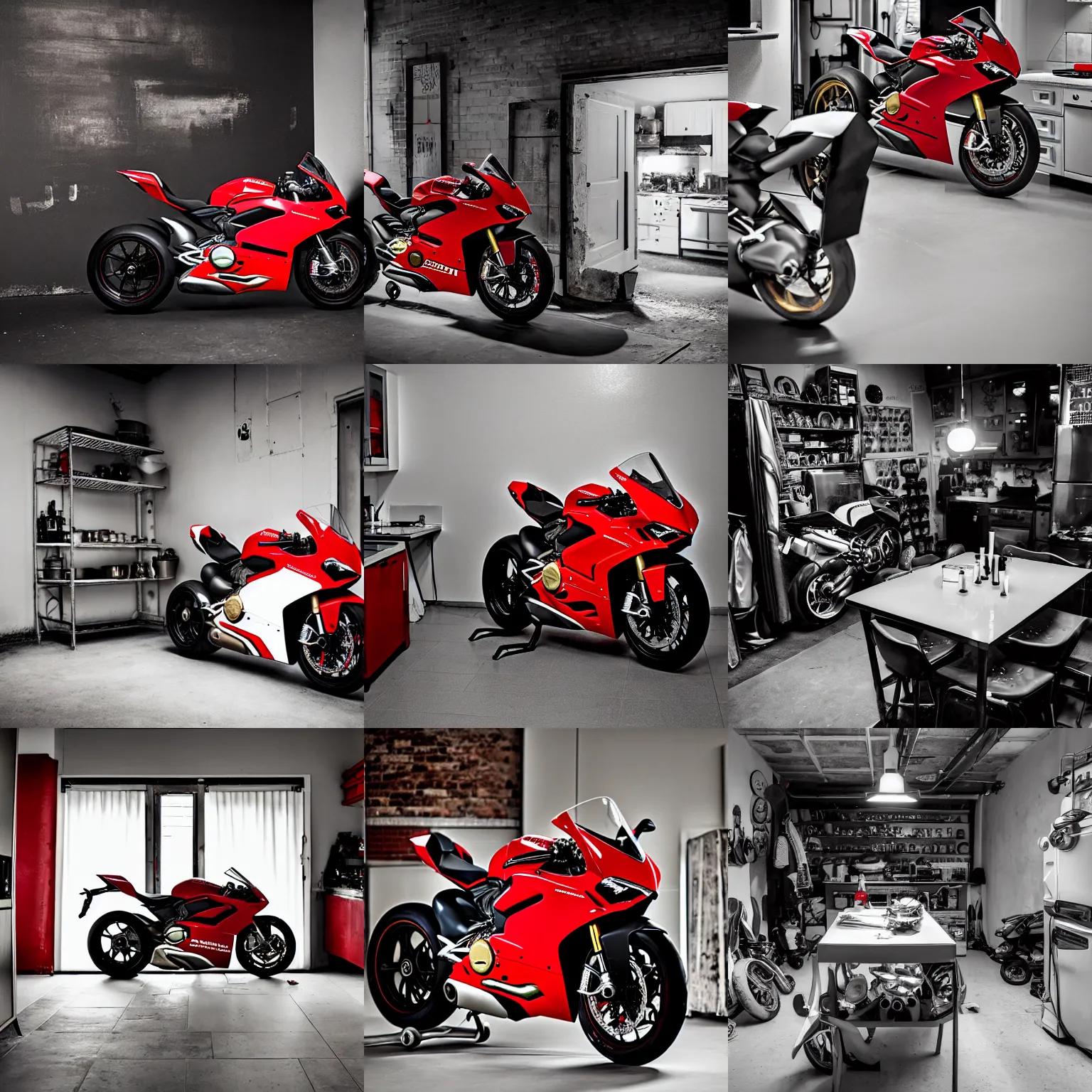 Prompt: a huge 2 0 1 9 ducati panigale v 4 standing in a cluttered but cozy kitchen, in the dark, lots of candles, chairs and tables, white tile on the floor, by paolo pellegrin, by trent parke, prize winning photo, cinematic
