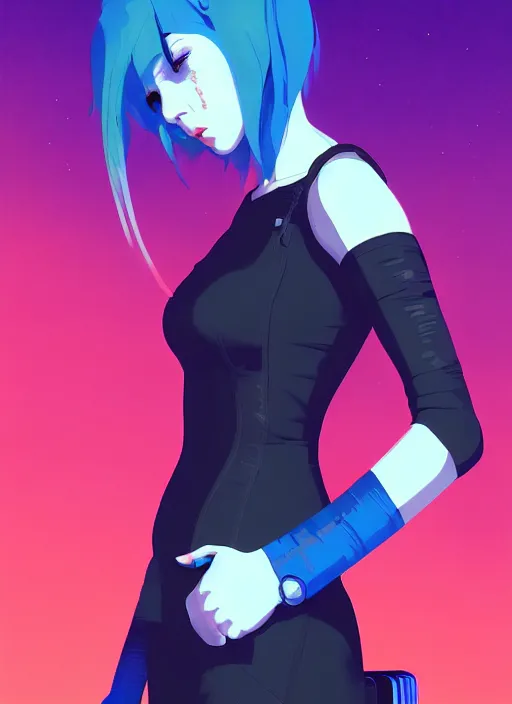 Image similar to digital illustrationportrait of cyberpunk pretty girl with blue hair, wearing a tight black dress, in city street at night, by makoto shinkai, ilya kuvshinov, lois van baarle, rossdraws, basquiat