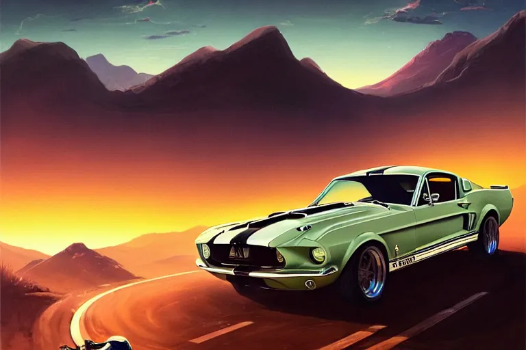 Image similar to a 1 9 6 7 shelby gt 5 0 0 driving down a long country road, coriolios rpg art style, full of details, warm sunset colors, matte painting, artstation, 8 k, hyperrealistic, style of peter mohrbacher, album cover, extreme long shot, mountains, panoramic, wide shot