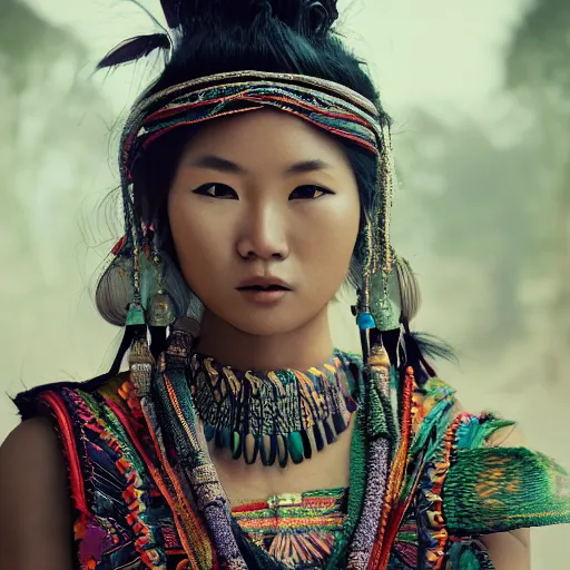 Prompt: portrait of a stunningly beautiful asian tribal female with lens flars and depth of field, zeiss lens, detailed, symmetrical, centered, fashion photoshoot, by Annie Leibovitz and Steve McCurry, David Lazar, Jimmy Nelsson, Breathtaking, 8k resolution, extremely detailed, beautiful, establishing shot, artistic, hyperrealistic, beautiful face, octane render