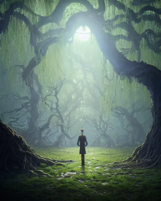 Image similar to highly detailed surreal vfx portrait of a cursed crown in a shadowy forest by a willow tree, stephen bliss, unreal engine, greg rutkowski, loish, rhads, beeple, makoto shinkai and lois van baarle, ilya kuvshinov, rossdraws, tom bagshaw, alphonse mucha, global illumination, detailed and intricate environment