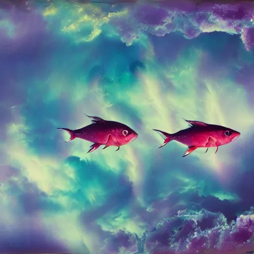 Prompt: film photography of a three headed fish swimming through colourful clouds by Kim Keever, low shutter speed, 35mm