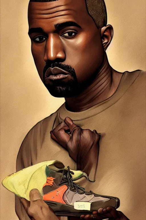 Image similar to depressed cottagecore kanye west holding a adiads shoebox. intricate, elegant. highly detailed, digital painting, artstation, concept art, smooth, sharp, focus, illustration. . art by artgerm and greg rutkowski and alphonse mucha