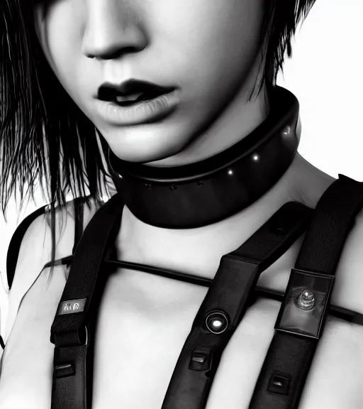 Image similar to detailed realistic female character cyberpunk wearing thick technological collar around neck, realistic, art, beautiful, 4K, collar, choker, collar around neck, punk, artstation, detailed, female, woman, choker, cyberpunk, neon, punk, collar, choker, collar around neck, thick collar, tight around neck, punk,