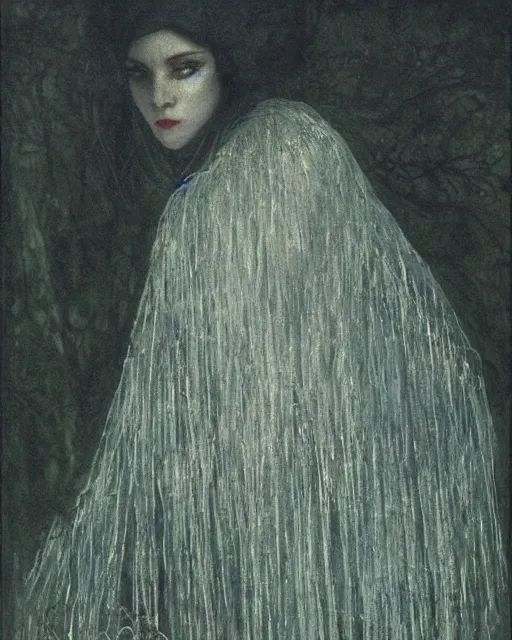 Prompt: award - winning photo of a mysterious cautious woman with melancholy, wearing a shimmering cloak, mysterious, dark, darkness, intricate, concept art, glowy, sweet night ambient, fog, by erwin olaf, by carlos schwabe, by j. m. w. turner, by anders zorn