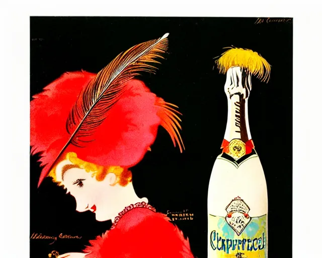 Image similar to vintage, melchizedek champagne bottle. cancan. cheerful, belle epoque, leonetto cappiello, pur champagne damery, 1 9 0 2. feather hat