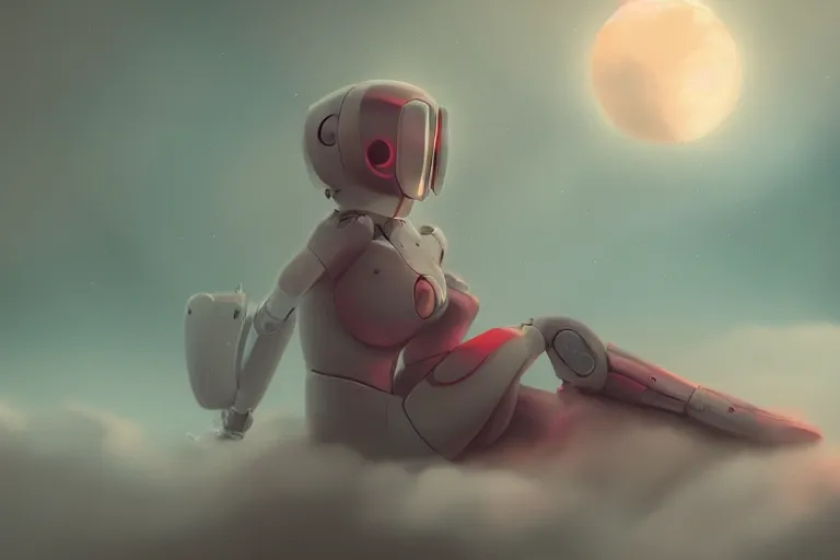 Image similar to a cute robot girl sitting on a cloud relaxing, misty, digital art, hazy, foggy, red lighting, ambient lighting, 8 k,