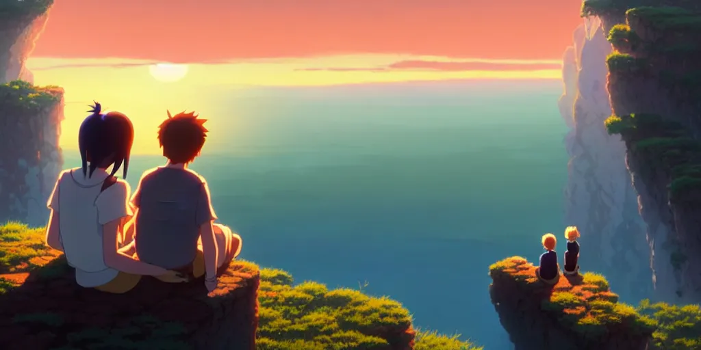 Image similar to a couple sitting over the precipice, looking at sunset, studio ghibli, pixar and disney animation, sharp, rendered in unreal engine 5, anime key art by greg rutkowski, bloom, dramatic lighting