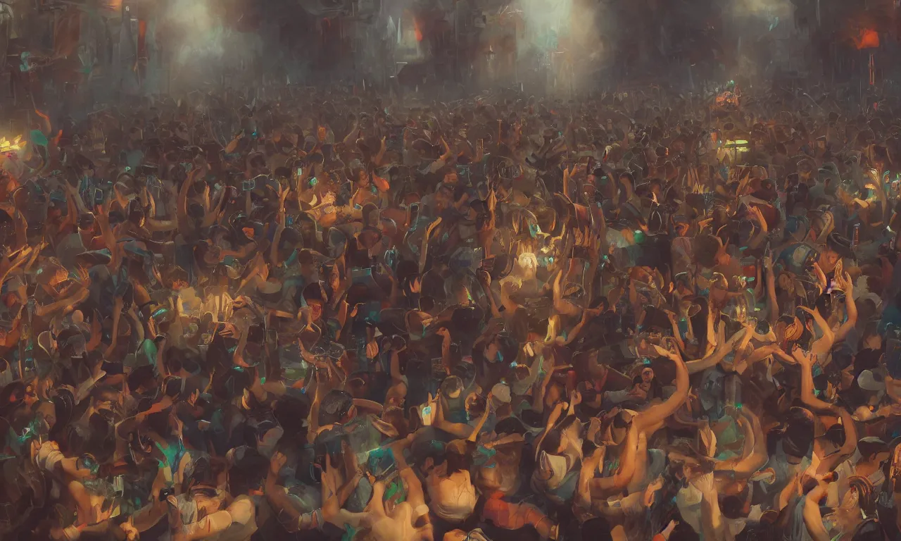 Prompt: 2 djs playing music in front of a crowd ,painted art in the style of arcane, highly detailed, trending on artstationhq, cinematic