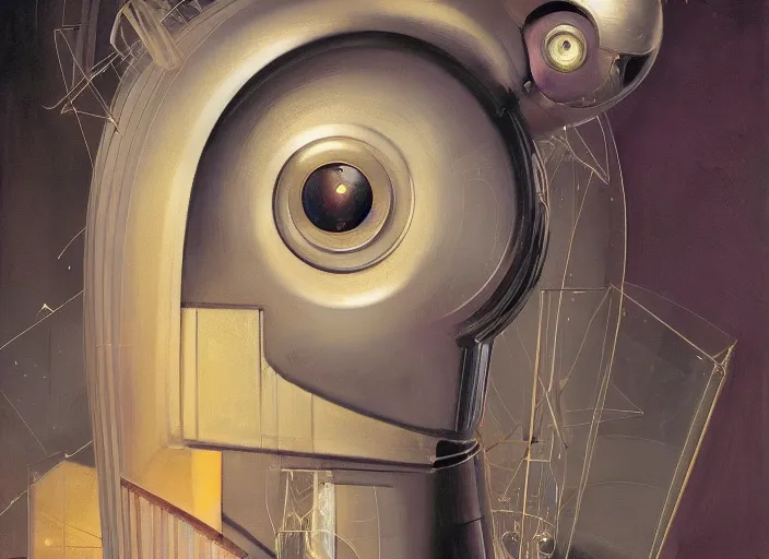 Image similar to a portrait headshot of sci fi metallic human, bright eyes, melancholic complex geometric figure liminal machinery by oskar schlemmer, moebius, john berkey, film grain, oil on canvas, portrait facial head, featured on artstation, hd wallpaper, 8 k