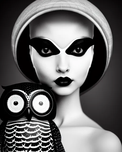 Image similar to surreal mythical dreamy dark artistic black and white fine art 3 / 4 fashion portrait photo of a young beautiful delicate female robot - owl with orchid - doll face, rim light, cinematic, studio dramatic light, poetic, masterpiece, octane render, 8 k, photo - realistic by gustave dore hg giger