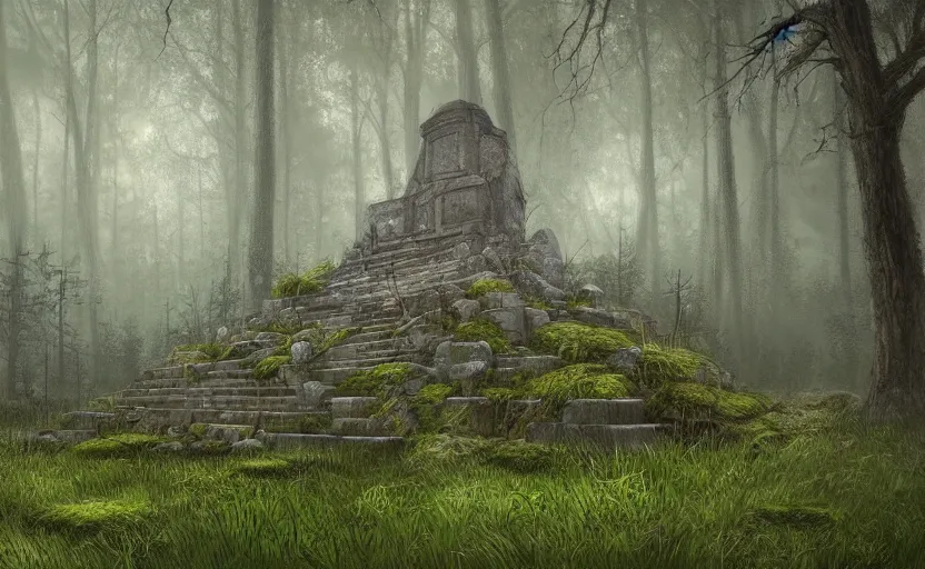 Prompt: mausoleum ruins, covered with grass, fir forest, rainy, fog, highly detailed, digital painting, architecture, artstation, concept art, sharp focus, illustration, artgerm, rutkoswki