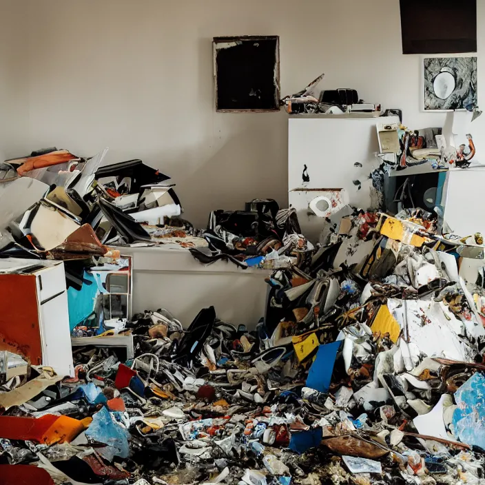 Image similar to trashed modern home interior, color photograph, canon eos c 3 0 0, ƒ 1. 8, 3 5 mm, 8 k, medium - format print