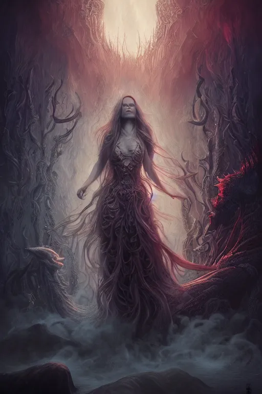 Prompt: Majestic poison queen , intricate, epic, elegant, menacing, fantasy, highly detailed, digital painting, hard focus, beautiful volumetric lighting, epic light, ultra detailed, Horror, souls, ghosts, smoke by Leesha Hannigan, Ross Tran, Thierry Doizon, Kai Carpenter, Ignacio Fernández Ríos