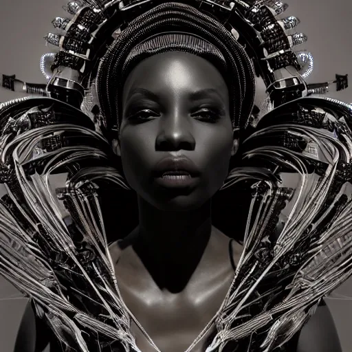 Prompt: portrait of an absurdly beautiful, graceful, sophisticated, fashionable black cyberpunk mechanoid gravure idol, hyperdetailed illustration by irakli nadar, adut akech, matt wisniewski style, intricate linework, dark black skin, jellyfish headdress, crystal ruff, unreal engine 5 highly rendered, global illumination, iridescent light, detailed and intricate environment