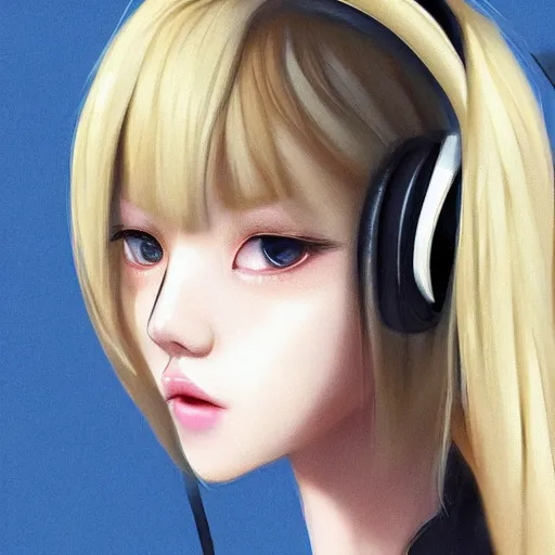 Image similar to realistic beautiful gorgeous natural cute Blackpink Lalisa Manoban blonde hair cute fur blonde cat ears, wearing camisole, wearing headphones, wearing black leather choker artwork drawn full HD 4K highest quality in artstyle by professional artists WLOP, Taejune Kim, Guweiz on Artstation Pixiv