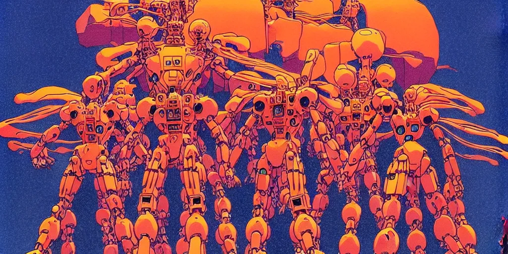 Image similar to risograph rendition of extremely - detailed white huge evangelion - like mech with a lot of orange tiny balls on it, children faces, ominous, intricate complexity, dramatic, epic composition, atmospheric, painting by moebius