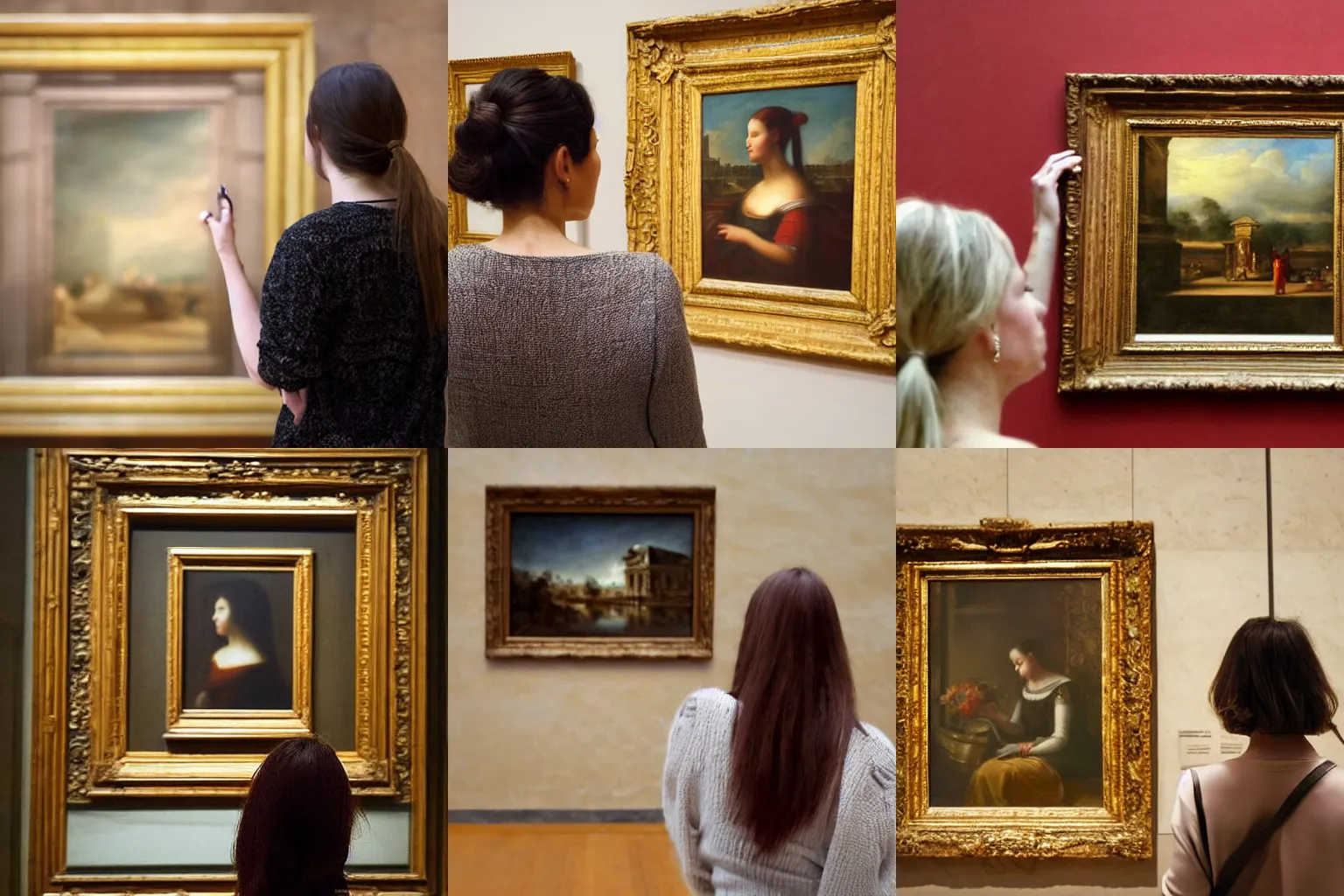 Prompt: woman looking at a painting in the louvre, beautiful, realistic, high detail, dramatic, warm colors