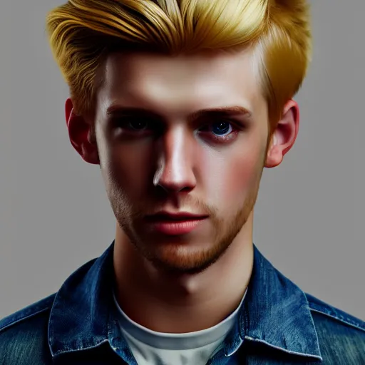 Image similar to A videogame portrait of a blond young Irish man. Dressed in 1980s style. Highly detailed, fine Art, high detail, great lighting, 8k resolution, masterpiece, concept art, illustration, clear eyes, painting oil on canvas, octane render, HDR, trending on artstation, 4k, 8k, HD