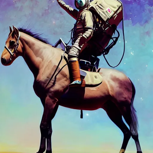 Prompt: a horse on top a man, a horse carried by a astronaut, hyperrealism, no blur, 4 k resolution, ultra detailed, style of ron cobb, adolf hiremy - hirschl, syd mead, ismail inceoglu, rene margitte