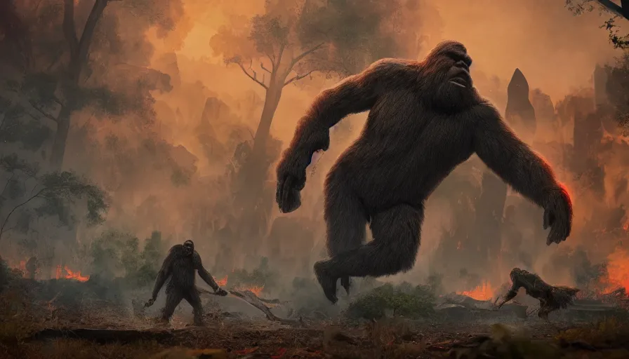 Image similar to giant bigfoot destroying washington dc, fire, hyperdetailed, artstation, cgsociety, 8 k