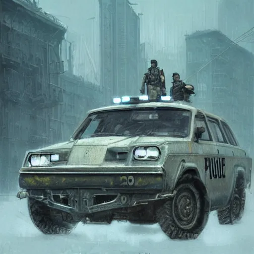 Image similar to a highly detailed epic cinematic concept art CG render digital painting artwork: dieselpunk Soviet 1980s police patrol car. By Greg Rutkowski, Ilya Kuvshinov, WLOP, Stanley Artgerm Lau, Ruan Jia and Fenghua Zhong, trending on ArtStation, subtle muted cinematic colors, made in Maya, Blender and Photoshop, octane render, excellent composition, cinematic atmosphere, dynamic dramatic cinematic lighting, precise correct anatomy, aesthetic, very inspirational, arthouse