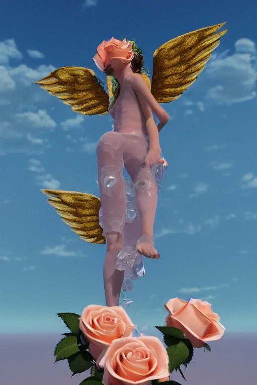 Image similar to milky crystal quartz eyeballs with wings. peach roses, background heavenly sky by basquiat, Trending on artstation. halo. octane render, cinematic, hyper realism, octane render, 8k, depth of field, 3D