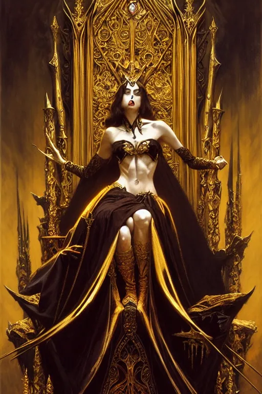 Image similar to full body portrait of beautiful vampire queen in gold gothic robe sitting on a throne of bones, elegant, highly detailed painting by gaston bussiere, craig mullins, j. c. leyendecker, 8 k, mid shot