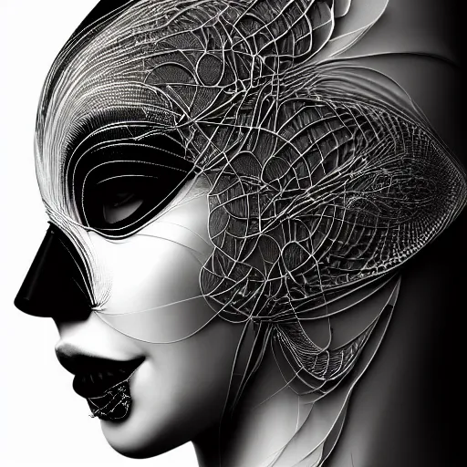 Image similar to portrait of a young beautiful woman with a mask. contemporary photograph and speed painting and fractal and mandelbulb and lines and scribble art. black and white. intricate, elegant, super highly detailed, professional digital painting, artstation, concept art, smooth, sharp focus, no blur, no dof, extreme illustration, Unreal Engine 5, Photorealism, HD quality, 8k resolution, cinema 4d, 3D, beautiful, cinematic, art by artgerm and greg rutkowski and alphonse mucha and loish and WLOP